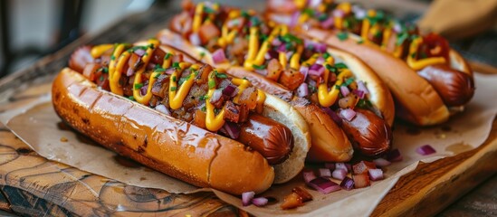 A selection of hot dogs with various toppings such as mustard, ketchup, onions, and relish placed on a tray. - obrazy, fototapety, plakaty