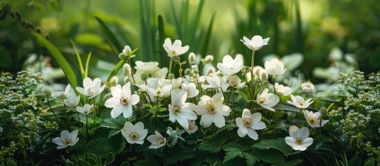 A variety of white flowers blooming abundantly in the lush green grass in a natural outdoor setting.
