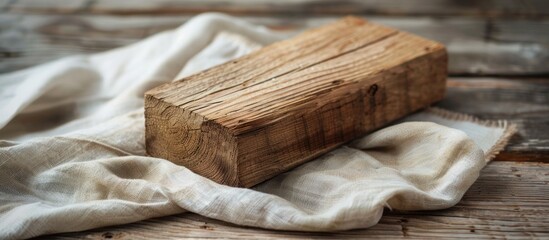 A rectangular piece of wood is placed on top of a white cloth, creating a simple yet striking contrast between the natural material and the fabric.