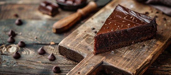 A piece of chocolate cake sits on a rustic wooden cutting board, ready to be served or enjoyed.