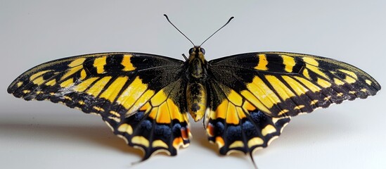 A vibrant yellow and black butterfly perched gracefully on a pure white surface.