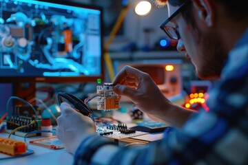 Man working on electronics in front of computer screen and monitor in a technology workshop