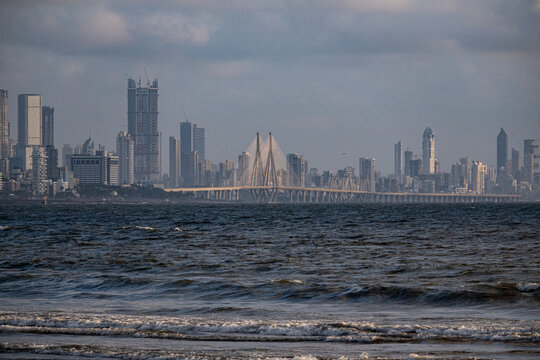 Rare view of Bandra Worli Sea Link from Versova beach with Mumbai skyline in the background