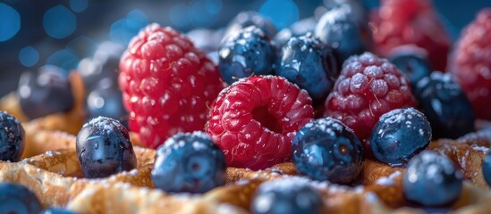 A close-up of a golden waffle topped with freshly picked raspberries and blueberries, creating a...