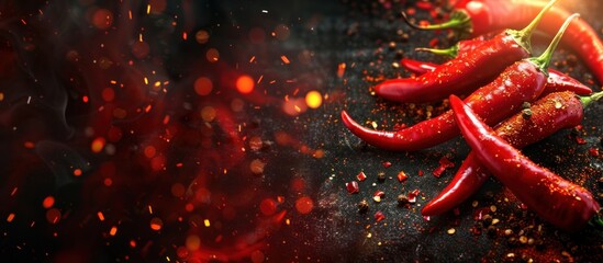 A variety of red peppers, including chili peppers, resting on a kitchen counter. - obrazy, fototapety, plakaty