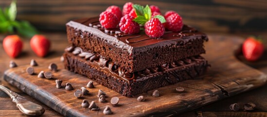 A rustic wooden cutting board with a rich piece of chocolate cake topped with vibrant red...