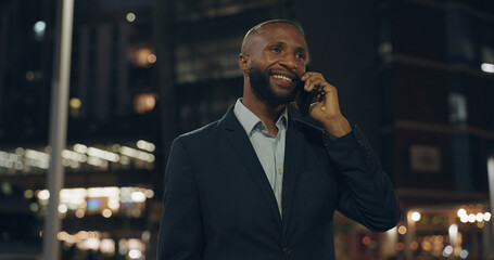 Happy, businessman and city with phone call for conversation, communication or chat outside...