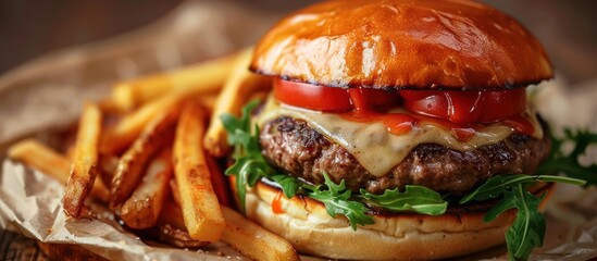 A close-up view of a cheeseburger with juicy tomatoes, crisp lettuce, and melted mozzarella on a...
