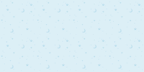 Pretty seamless pattern of light blue stars and moons of various sizes on a light blue background