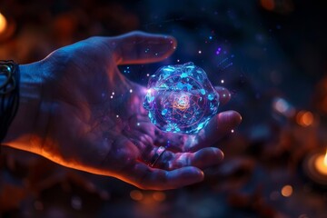 A closeup of a hand holding a magical, glowing amulet that projects holographic symbols, set against a mysterious, dark backdrop