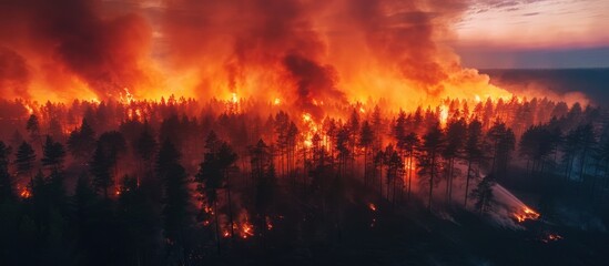 A large fire burns fiercely in a forest, consuming trees and spreading rapidly. The fiery blaze creates a dangerous situation with smoke billowing upwards.