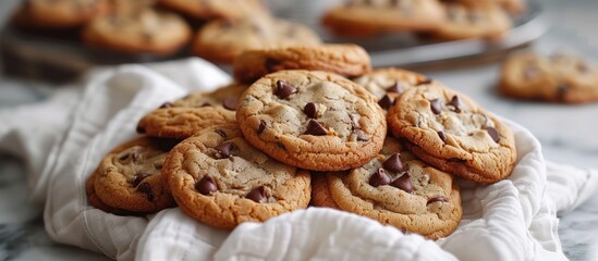 A cluster of chocolate chip cookies arranged neatly atop a white cloth, showcasing their golden-brown exterior and gooey chocolate chips.