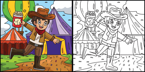 Fototapeta na wymiar Circus in Cowboy Outfit Coloring Page Illustration