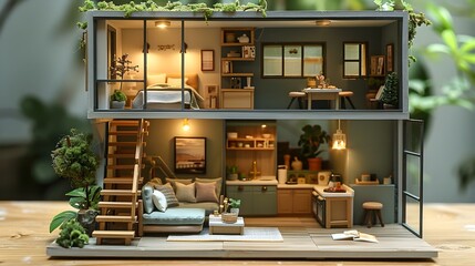 Miniature Haven: A Cozy, Detailed Living Space in Minimalist Melody. Concept Miniature haven, Cozy living space, Detailed design, Minimalist melody