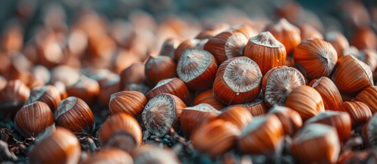 bunch of fresh hazel nuts, ready to be shelled. The nuts are tightly packed together, showcasing their natural textures and shapes. - obrazy, fototapety, plakaty