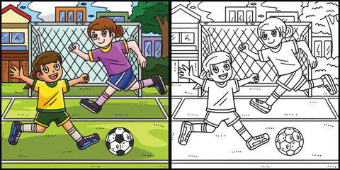 Girls Playing Soccer Coloring Page Illustration
