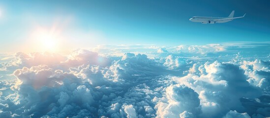 Fototapeta na wymiar An airplane flying high above the clouds in a clear blue sky.