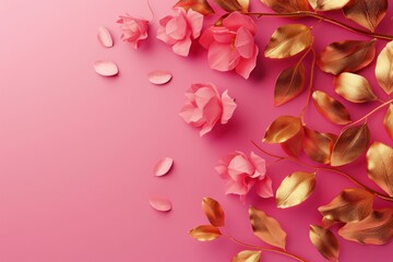 Elegant Pink Floral Arrangement with Gold Leaves on Pink Background with Copy Space