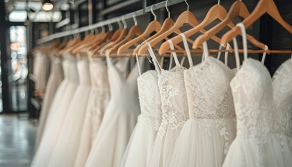 Elegant white bridal dresses on hangers in boutique salon   close up of luxurious wedding gowns