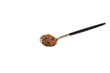 Flax seeds in a spoon. Raw whole linseed isolated on white background.