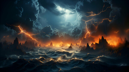 Fantasy landscape with stormy clouds and lightning. 3d illustration