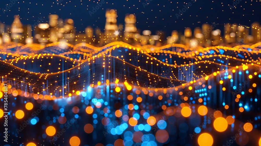 Poster data flow streamline connection of information technology wave with particle network line