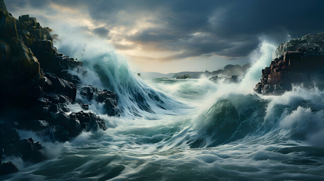 Beautiful seascape with stormy ocean waves crashing on rocks
