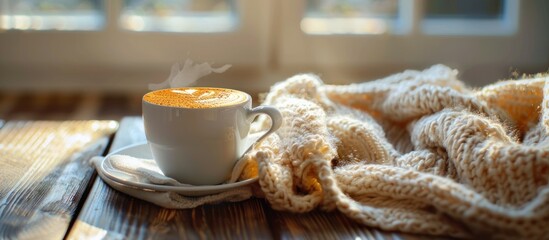 A cup of coffee sits on top of a wooden table.