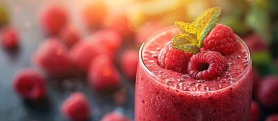 A detailed view of a glass filled with a refreshing raspberry smoothie, showcasing the vibrant...