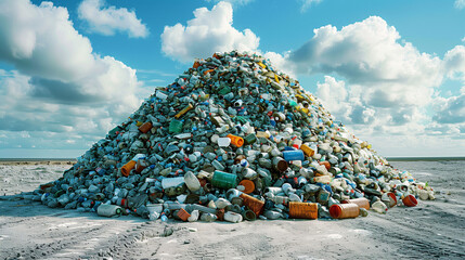 A large pile of assorted plastic waste under a cloudy sky, highlighting environmental pollution.