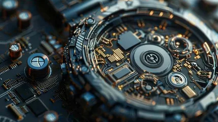 Fotobehang Technology Close-up: A photo highlighting the intricate design of a smartwatchs internal components © MAY