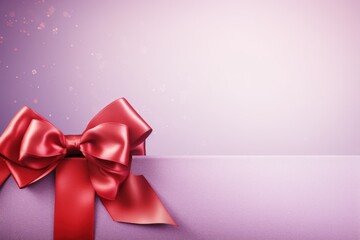 Red ribbon with bow on lavender background, Christmas card concept. Space for text. Red and Lavender Background