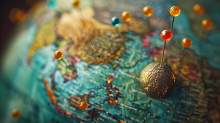 Obraz na płótnie Canvas Travel and Tourism: A close-up photo of a globe with pins marking different travel destinations