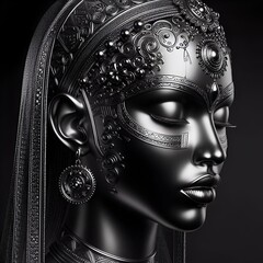 고대 여인 얼굴 금속 조각상