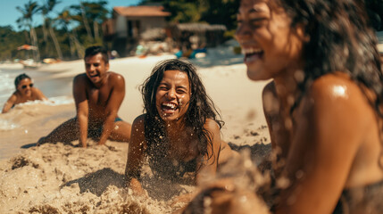 People laughing together on a sunny, sandy beach. - obrazy, fototapety, plakaty
