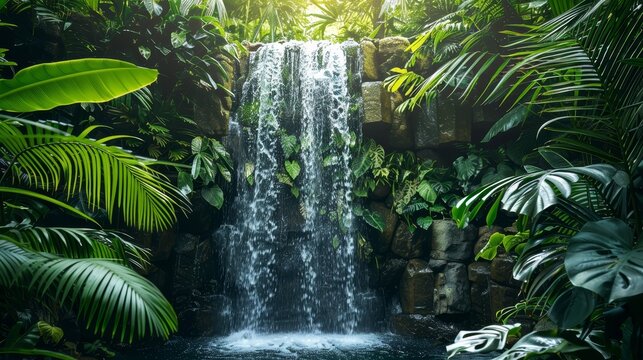 Tropical Leaves: A photo of a tropical waterfall surrounded by lush greenery and leafy plant