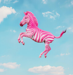 A dreamy surreal pink zebra jumping in the air against a blue sky background. Minimal animal concept. Copy space. Surreal minimalist art