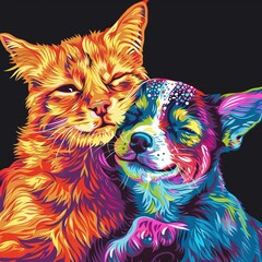 Obraz premium A colorful digital artwork of a cat and a dog embracing