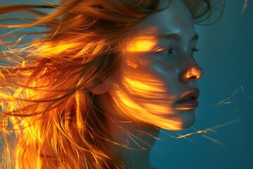 Beautiful Woman Feeling the Warm Breeze with Her Hair Blowing in the Wind Under the Sunlit Sky