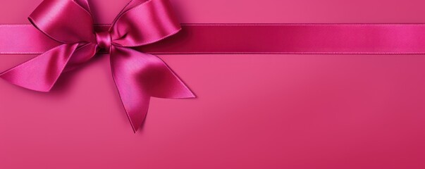 Red ribbon with bow on magenta background, Christmas card concept. Space for text. Red and Magenta Background