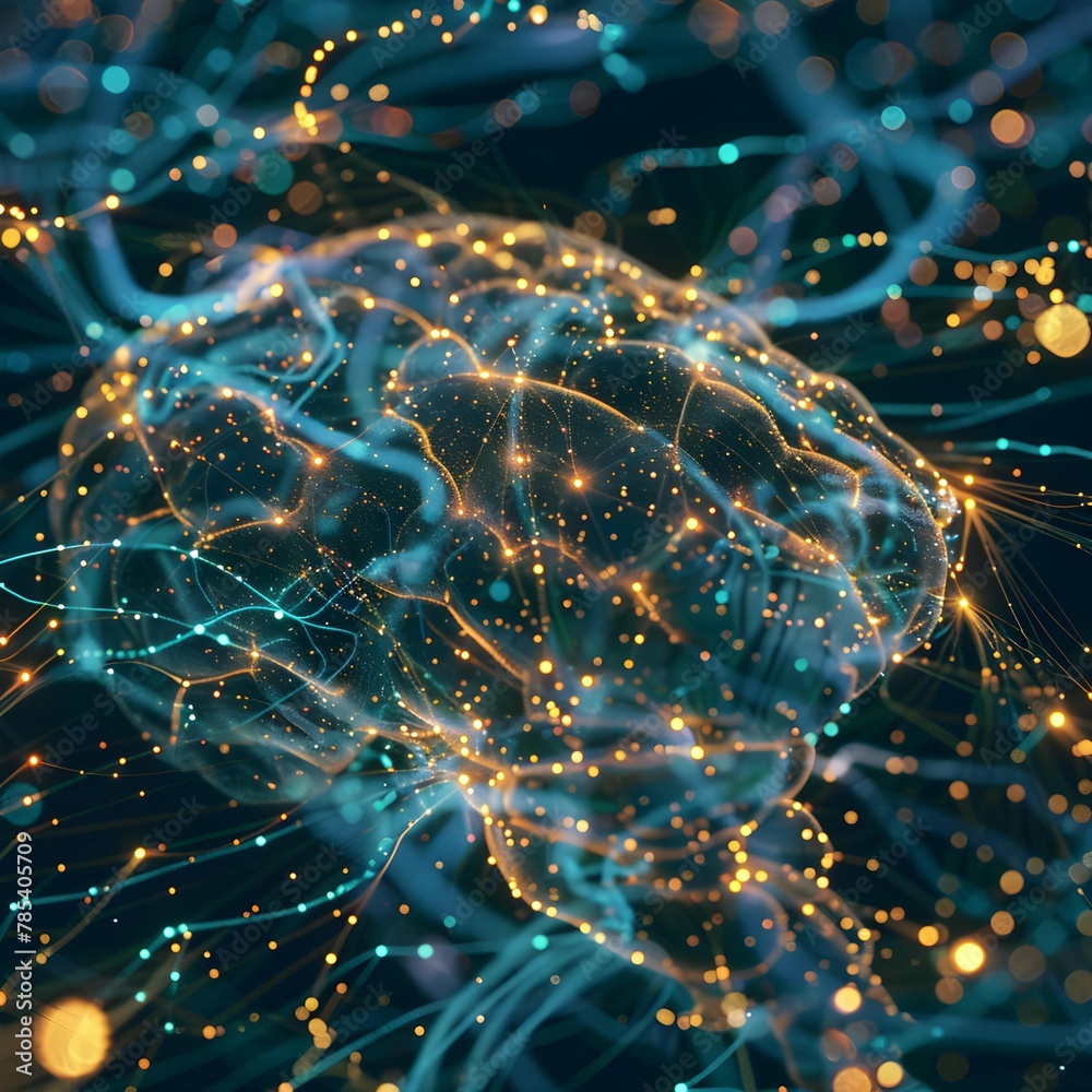 Aufkleber Abstract representation of a human brain with neural connections and data points glowing against a dark backdrop.