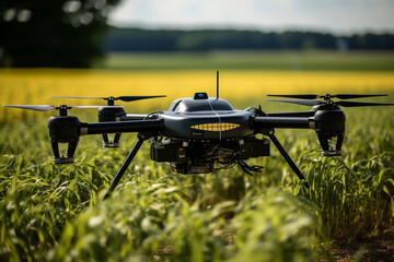 An agronomic drone diligently surveying vast fields, optimizing crop management for a sustainable agricultural future Modern technologies. Industrial drone to increase productivity - obrazy, fototapety, plakaty