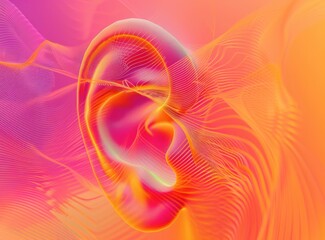 Abstract Ear Artwork on Pink and Orange Swirl Background with Vibrant Colors and Fluid Movements