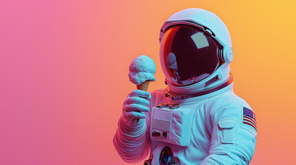 An astronaut eating ice cream against a pastel colored background with a pink and orange gradient. Copy space for text.