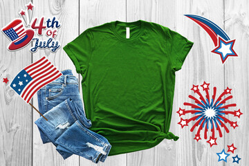 4th of july Green shirt Mockup with usa flag for mockup design, fourth july celebration, 4th of July USA Independence Day, Celebration memorial day in America.