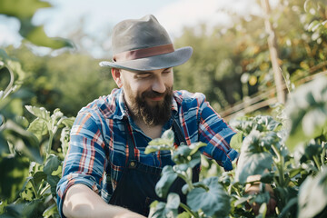 Naklejka na ściany i meble Anonymous chef harvesting fresh vegetables on a farm in daylight