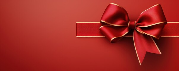 Red ribbon with bow on maroon background, Christmas card concept. Space for text. Red and Maroon Background