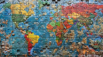 World Map: A photo of a world map puzzle, with pieces representing countries
