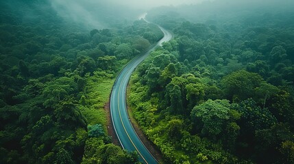 Roadway between big trees from above and accompanied by a foggy environment and a drone overhead view, Generative AI.