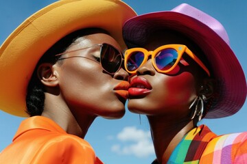 Two stylish African American women in hats and sunglasses sharing a romantic kiss under a clear blue sky
